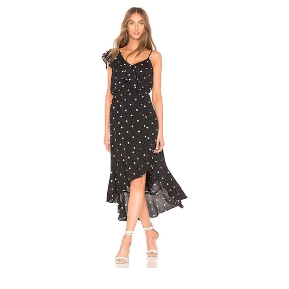 1.State Black Polka Dot Midi Dress Ruffle Asymmetrical Hem Date Night